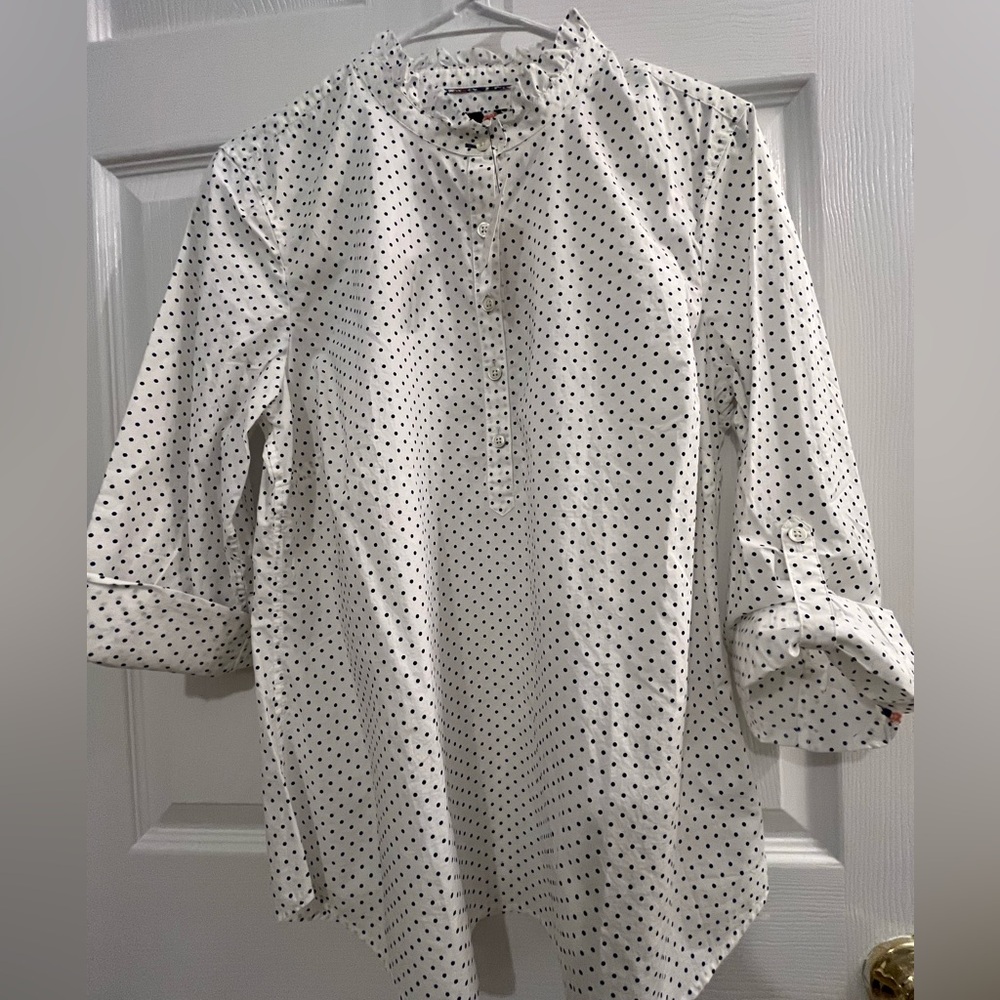 NWT Talbots Blouse White Popover Ruffle Neck Polka Dot Long Sleeve Size M Petite - Picture 2 of 12